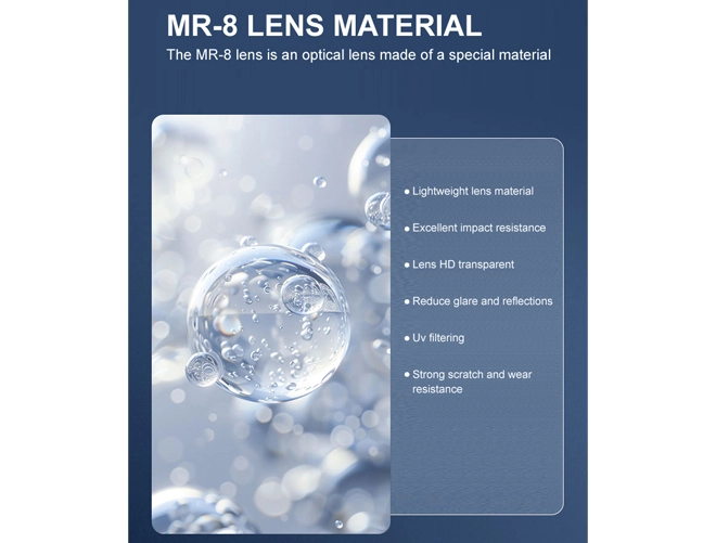 Spécification des verres correcteurs unifocaux 1.61 asphérique MR-8 avec revêtement dur multicouche HMC