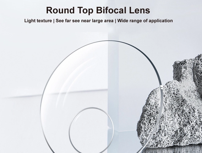 Spécification des verres de lunettes de prescription bifocaux à sommet rond en CR39 1.49 sans revêtement.
