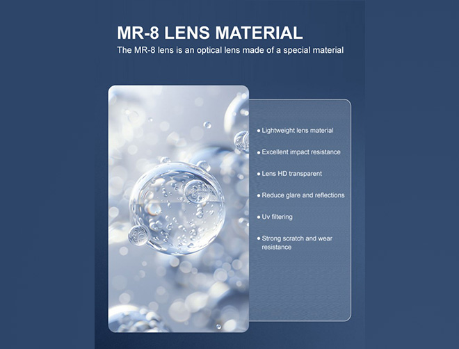 Spécification des verres correcteurs unifocaux asphériques 1.61 MR-8 UV420 anti-lumière bleue à revêtement multicouche dur HMC